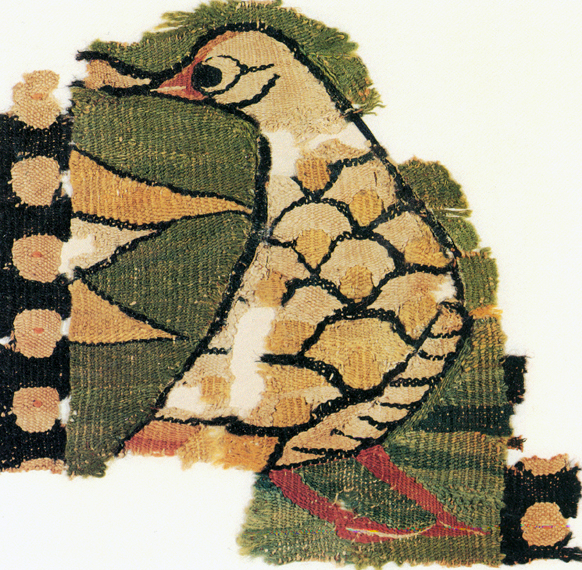 On a woven textile fragment, an aquatic bird in profile with its head turned back.