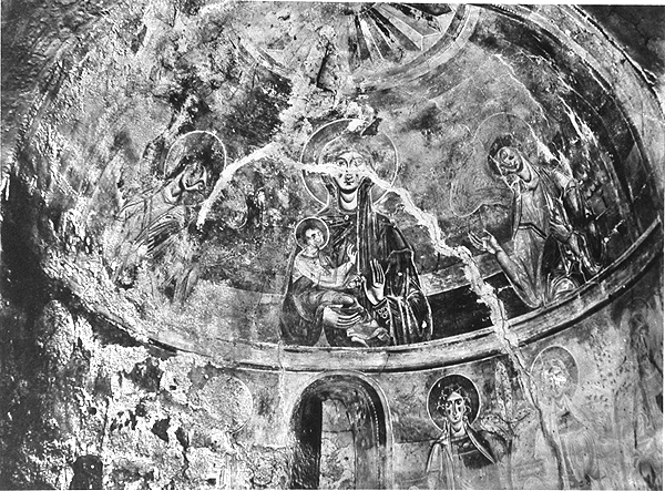 Black and white photo of fresco painting of veiled, haloed woman holding child in her right arm, flanked by a haloed angel on each side.