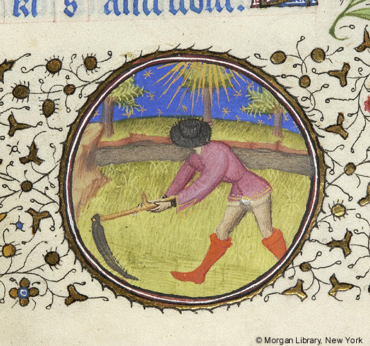 Detail of a manuscript illumination depicting a man wearing a hat and boots, using a scythe in a field, all enclosed in a circle surrounded by vine forms.