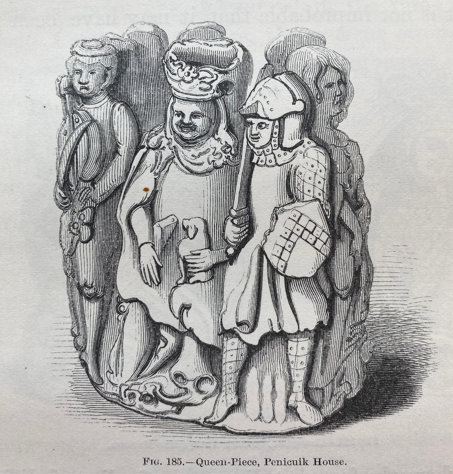 A woodcut of a chess piece, an ivory sculpture of a group of figures.