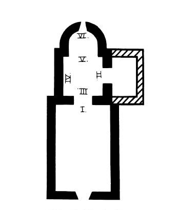 Black and white floorplan of building. 