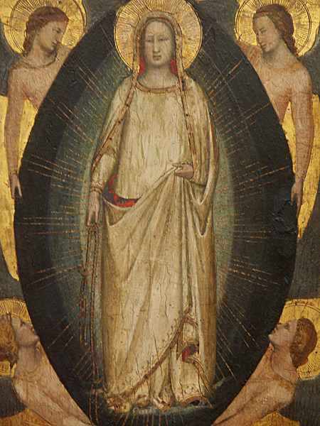 A detail of a panel painting of a woman in a white dress with a halo within an oval shape held by four angels with halos.