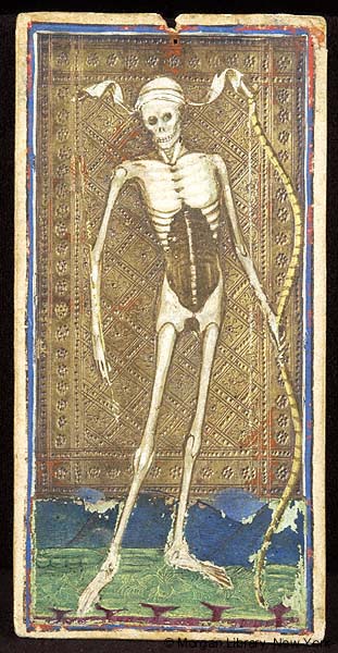 A painted card depicting a skeleton standing on grassy ground, against a gold background.