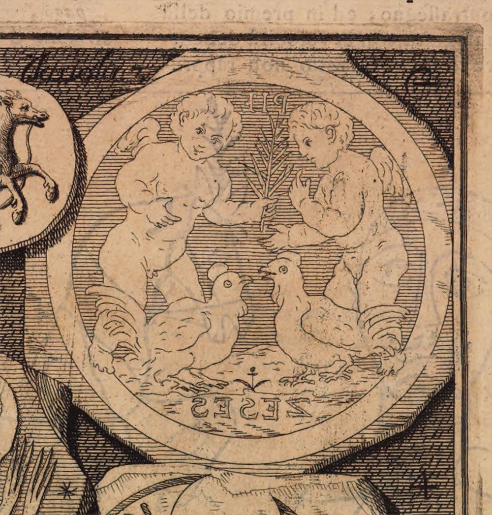 In an engraving of a gold glass medallion, two winged children watch two fighting cocks.