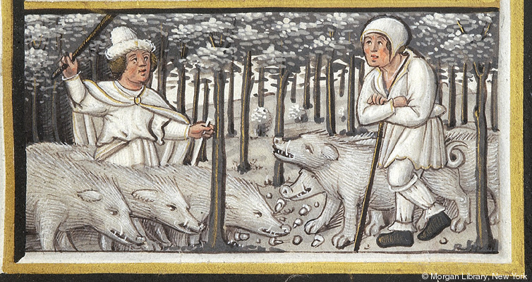 A manuscript miniature depicting a scene of two men in a forest with a pack of boars rooting for acorns in a rectangular frame. Scene executed in shades of gray paint with only some color on the faces of the men.