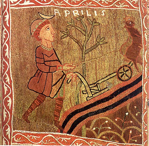 An embroidery with the inscription "Aprilis," depicting a man wearing a crescent moon on his head, walking beside a tree and behind a wheeled plow drawn by two oxen.