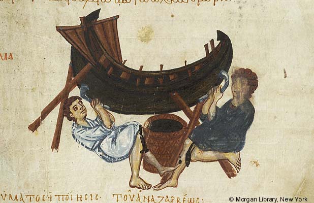 Manuscript detail of two youths flanking basket and using scraper tools on the underside of a boat held up on stilts.