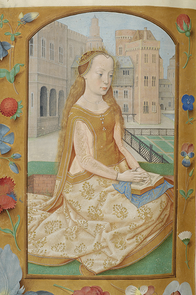 Detail of a decorated manuscript page depicting a woman with long blond hair, with rays around her head, wearing a crown and long dress, kneeling with an open book on her lap. The borders of the manuscript painted with strewn buds of flowers, strawberry, and moth against a gold background.