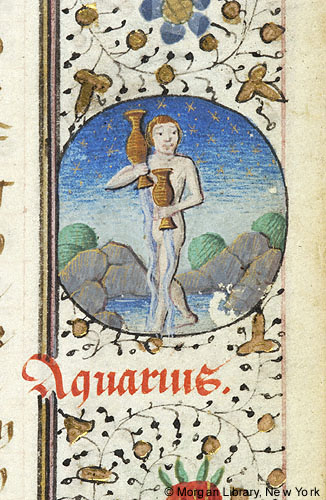 Within a circle surrounded by leafy plans and above the word "Aquarius," a nude man standings in a landscape and pours water from two jars.