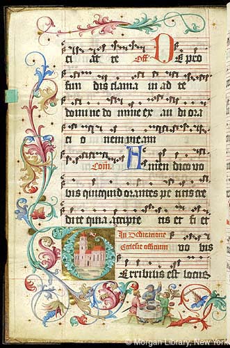 A manuscript page with musical notation, vine decoration, an initial containing a building, and marginal figures feasting.