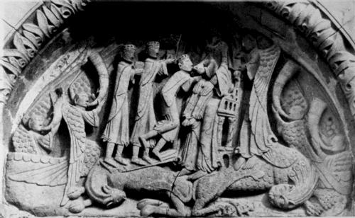 Woman, head largely destroyed, seated on throne, holding child with destroyed head, in front of three crowned kings, each holding object. All figures stand on top of winged ox and winged lion and are flanked to left by two angels blowing horns and flanked to right by three angels, two blowing horns.