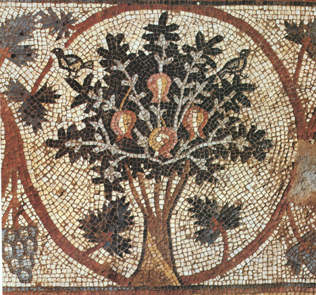 Mosaic detail of a fruit tree surrounded by leafy grapevine with clusters of grapes. White background.