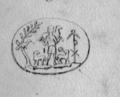 Black and white drawing of an oval gem depicting scene of a young man, wearing tunic, holding sheep over shoulders, standing on fish, and two sheep and a tree with dove and anchor with monogram.