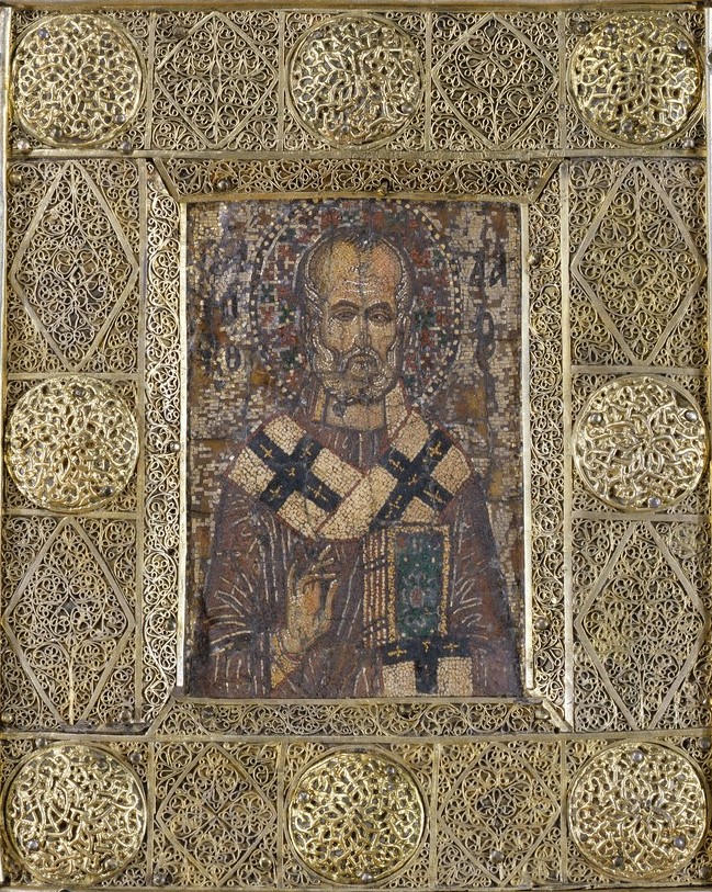 Panel with micromosaic representation of haloed bust of male figure wearing bishop's vestment and holding book.