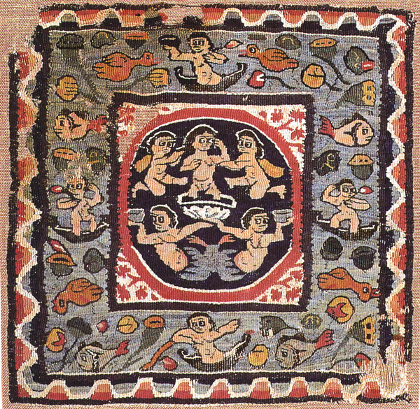 Square textile fragment depicting the nude goddess Venus borne aloft by two winged putto over a white shell, and two tritons below holding up the shell and bowls in their other hand. Blue border of birds, plants, fish and nude figures on boats, and border of waves pattern in blue and red threads. Worn at the upper left and lower right corners.