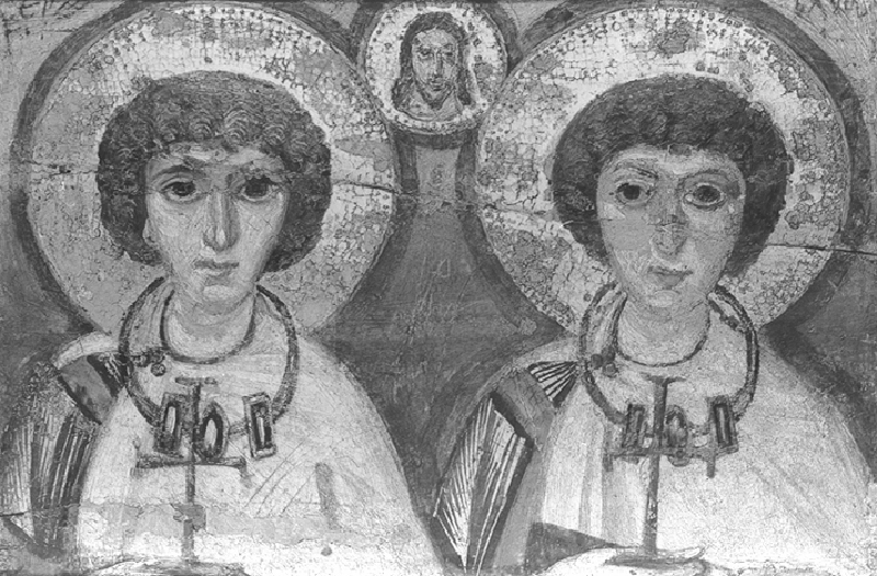 Panel painting with depiction of three male busts, all with haloes, two holding crosses.