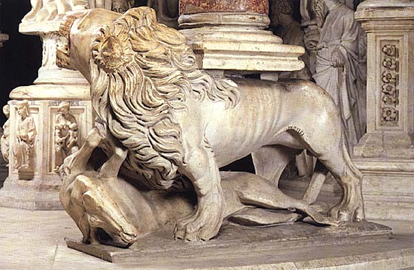 Marble lion attacking antelope, which forms the base of a column. 