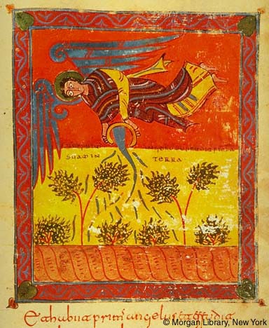 A manuscript illumination within an ornamented frame that contains a haloed angel pouring liquid out of a vessel over a landscape with bushes and shrubs. 