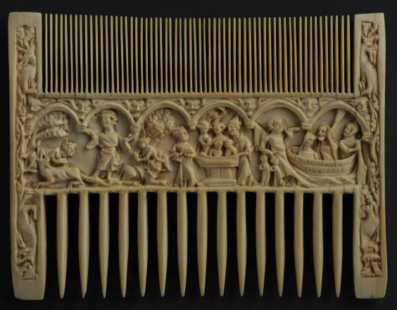 Ivory comb representing, from left to right, two figures being eaten by beasts, four naked figures naked in a font, and three male figures ashore while a female figure with other two male figures is on a boat.
