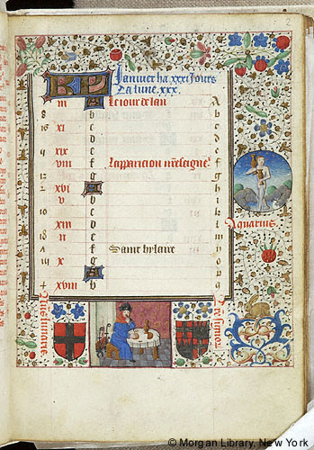 A manuscript page with calendrical text that is surrounded by a border containing plant forms, and two small scenes: a feaster and a figure of Aquarius.