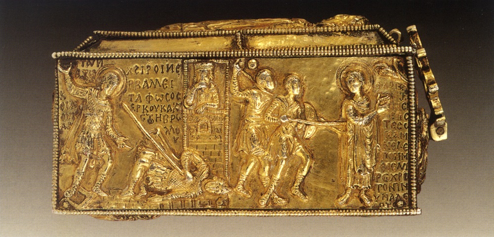 Male figure hurling spear towards other male figure on the ground, with crowned figure in the background; two male figures in military gear piercing full standing male figure.