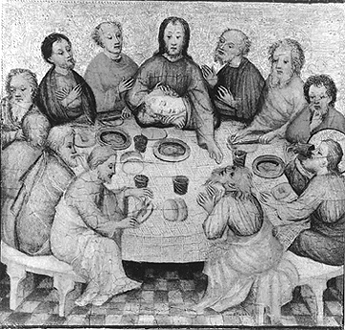Fourteen men, one resting in arms of the central male figure, all surrounding table containing loaves of bread, plates, cups and utensils. 