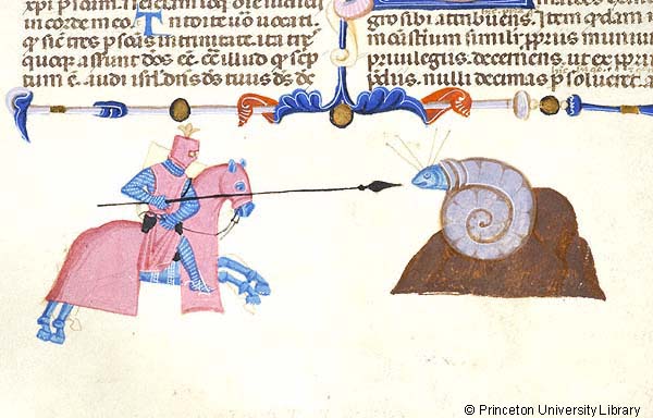 A manuscript detail of a marginal image depicting a knight, wearing pink helmet and surcoat, riding on a horse wearing a pink caparison and bridle, and thrusting a lance toward a snail in a purple, coiled shell with a blue head mounted on a small hill. Two columns of Latin text and decorated marginal extenders visible at top.