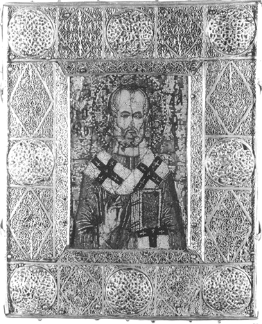Panel with micromosaic representation of haloed bust of male figure wearing bishop's vestment and holding book.