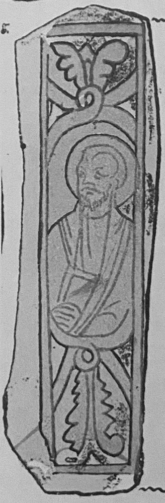 In an engraving of a fragment of gold glass, the half figure of a bearded man surrounded by a vine.