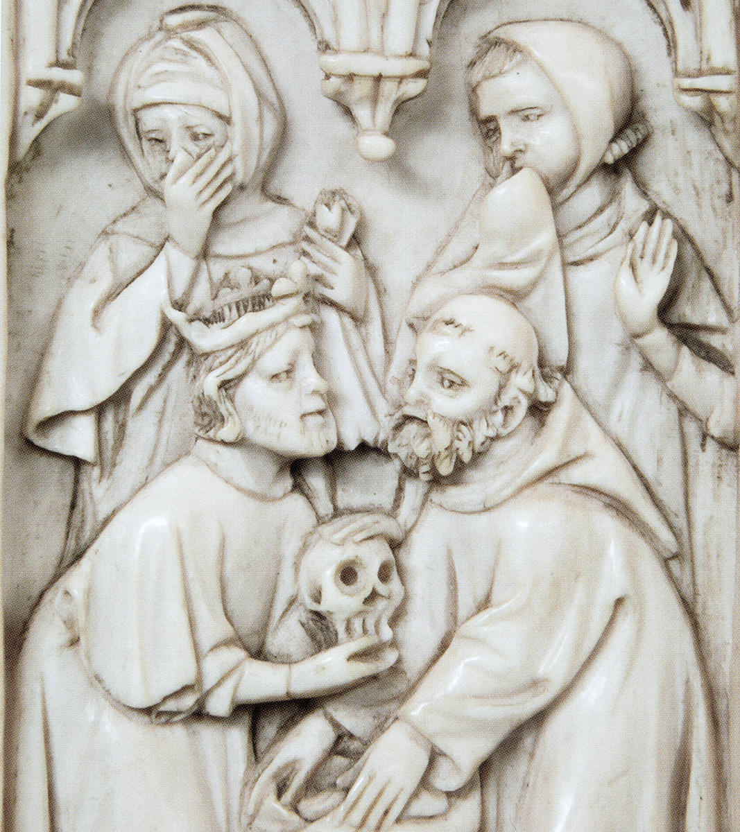 Detail of ivory panel containing crowned king holding skull over sack of skulls, held by monk; behind, two men holding their noses, the first with his hand, the second with a cloth.