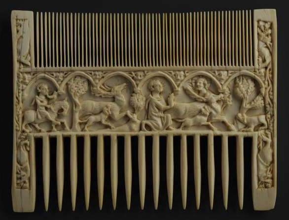 Ivory comb representing, from left to right, male figure on horse hunting stag and then the same male figure kneeling in front of male figure appearing between antlers of stag.