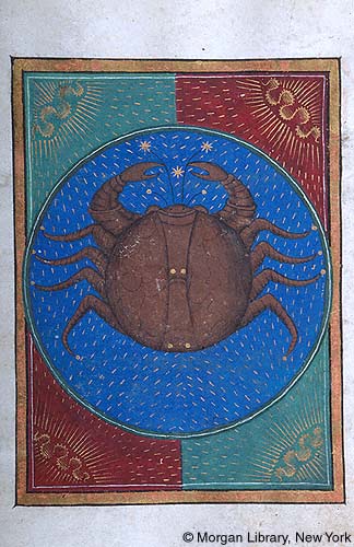 Within blue circle decorated with gold stars and lines, astrological crab in medallion depicting Constellation of Cancer. Four corners of alternating red and green ground with gold cloud ornament and within gold frame.