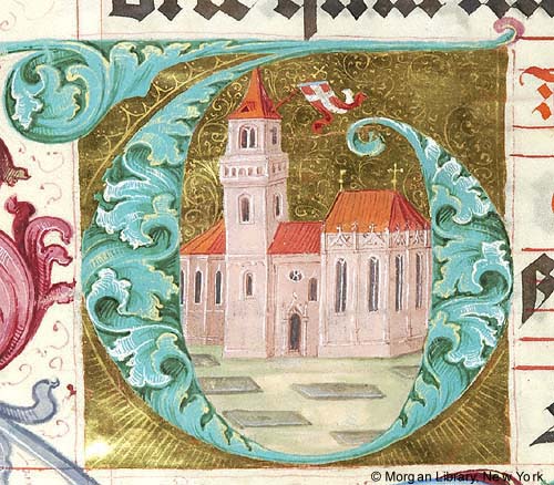 Detail of a manuscript initial containing a towered building.