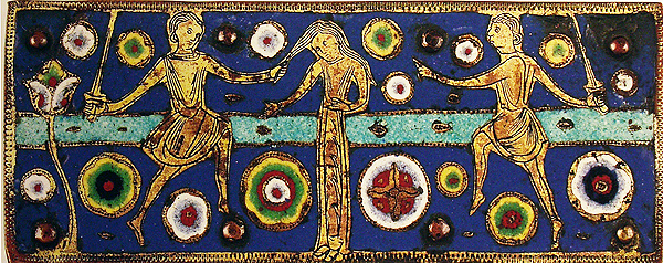 Panel of an enamel reliquary containing a woman flanked by two men, each holding a sword, the one on the left is pulling her hair.
