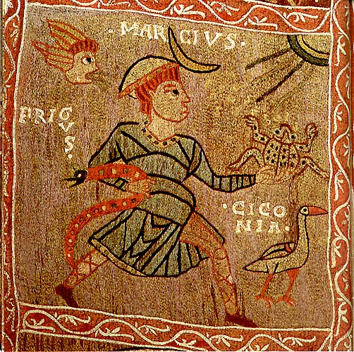 An embroidery with the inscription "Marcivs," depicting a man with a crescent moon on his head, carrying a serpent and a toad as a stork walks beside him beneath the inscription "Ciconia." Above are a personification of wind, labeled "Frigus," and the sun.