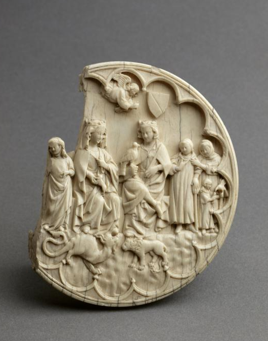 Ivory mirror case representing a male and female figure, two wearing crowns, surrounded by animals and other figures