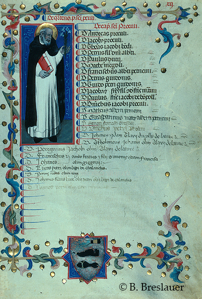 Whole manuscript page containing bearded man with halo holding book in right hand and white flower in left hand beside text and ornamental border with shield containing knife, shoe, and sandal.
