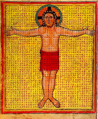 Manuscript page containing figure of haloed man with outstretched arms, wearing loincloth, superimposed over a series of letters. 