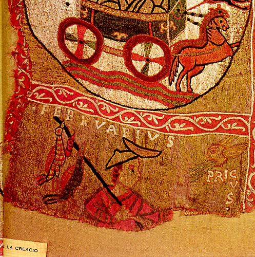 An embroidery with the inscription "Febrvarivs," depicting a man wearing a crescent moon on his hunter's hat and carrying three birds of a stick. The bottom half of the scene is destroyed; above it, part of the Sun's chariot appears in a roundel.