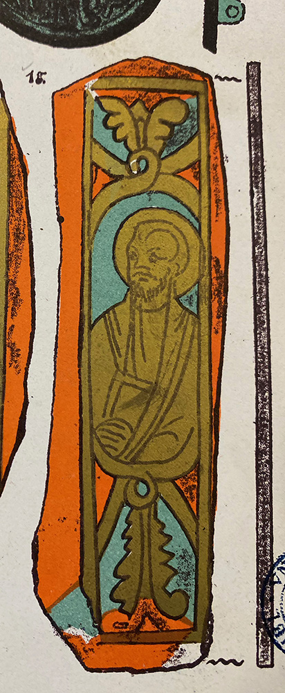 In an engraving of a fragment of gold glass, the half figure of a bearded man surrounded by a vine.