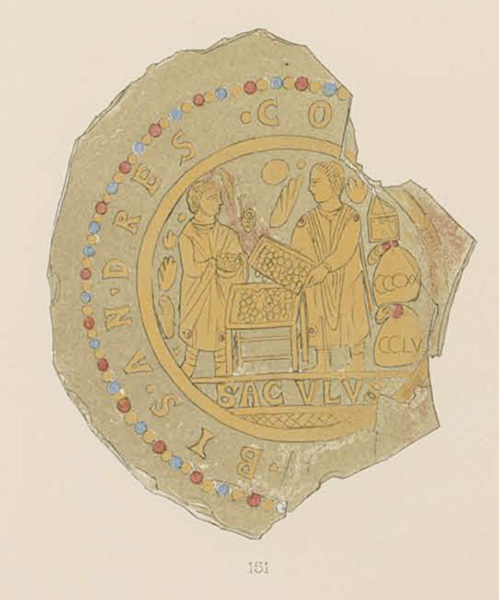 A chromolithograph of a gold-glass medallion with two standing figures engaged in a business transaction and surrounded by an inscription in Latin.