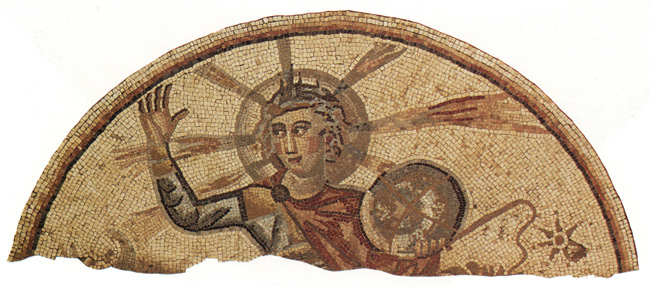 Detail of mosaic depicting half figure of personification of Sun, wearing red chlamys and rayed crown, raising right hand and holding round celestial object representing earth in left hand. Circular border on top, and fragmentary bottom edge.