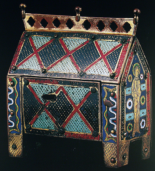 Reverse of enamel reliquary casket composed of panels containing geometric ornament. 