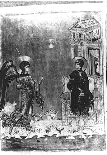 A rectangular painting depicting an angel, wearing a halo and billowing garments, approaching a woman, wearing a long purple veil and dress, seated on a throne and winding red yarn in her hands. Above them, a dove flies in an orb, and to the right, a tall architectural structure shows a portal with a pulled back curtain, and birds in nests on the roof and a tree in a garden. The background is gold, and the foreground depicts a variety of animal and bird life on a rock shore and underwater. 