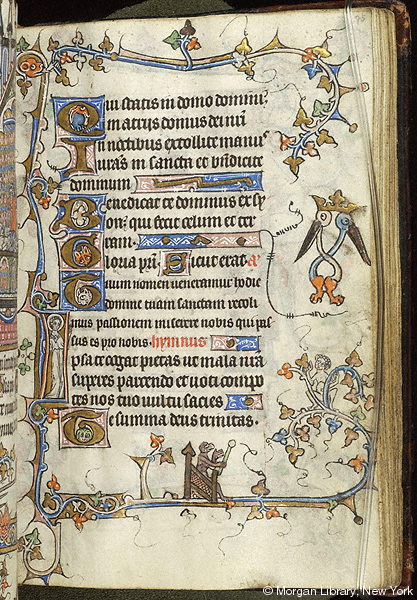 A manuscript page featuring text surrounded by leafy vines, on the lowest of which is an ape seated in a wooden throne, holding a rod.