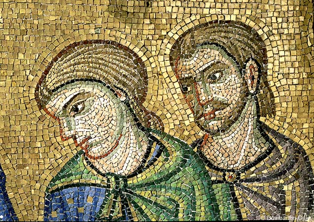 Mosaic detail of two men, facing left, and one wearing a green mantle and the other wearing a brown mantle, all against gold background.
