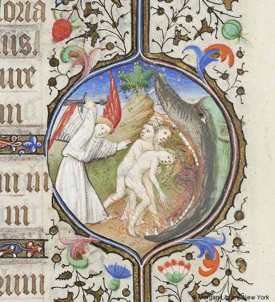 On painted manuscript page, medallion enclosing angel holding sword and pushing three nude figures into flaming mouth of wolf-like head.