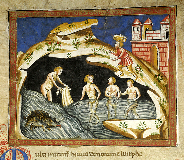 Underground cave where four nude male figures bathe. On the left, sow swims in water. Above ground, a man carries wooden keg on his head.