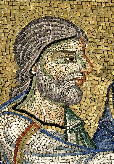Mosaic detail of bearded man in profile, facing right, and wearing white garment all against gold background.