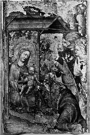 Within wooden structure, haloed woman wearing blue cloak, holding naked baby with halo beside bearded man, in front of three men, two wearing crowns, all holding vessels. In damaged upper right corner are two men. 